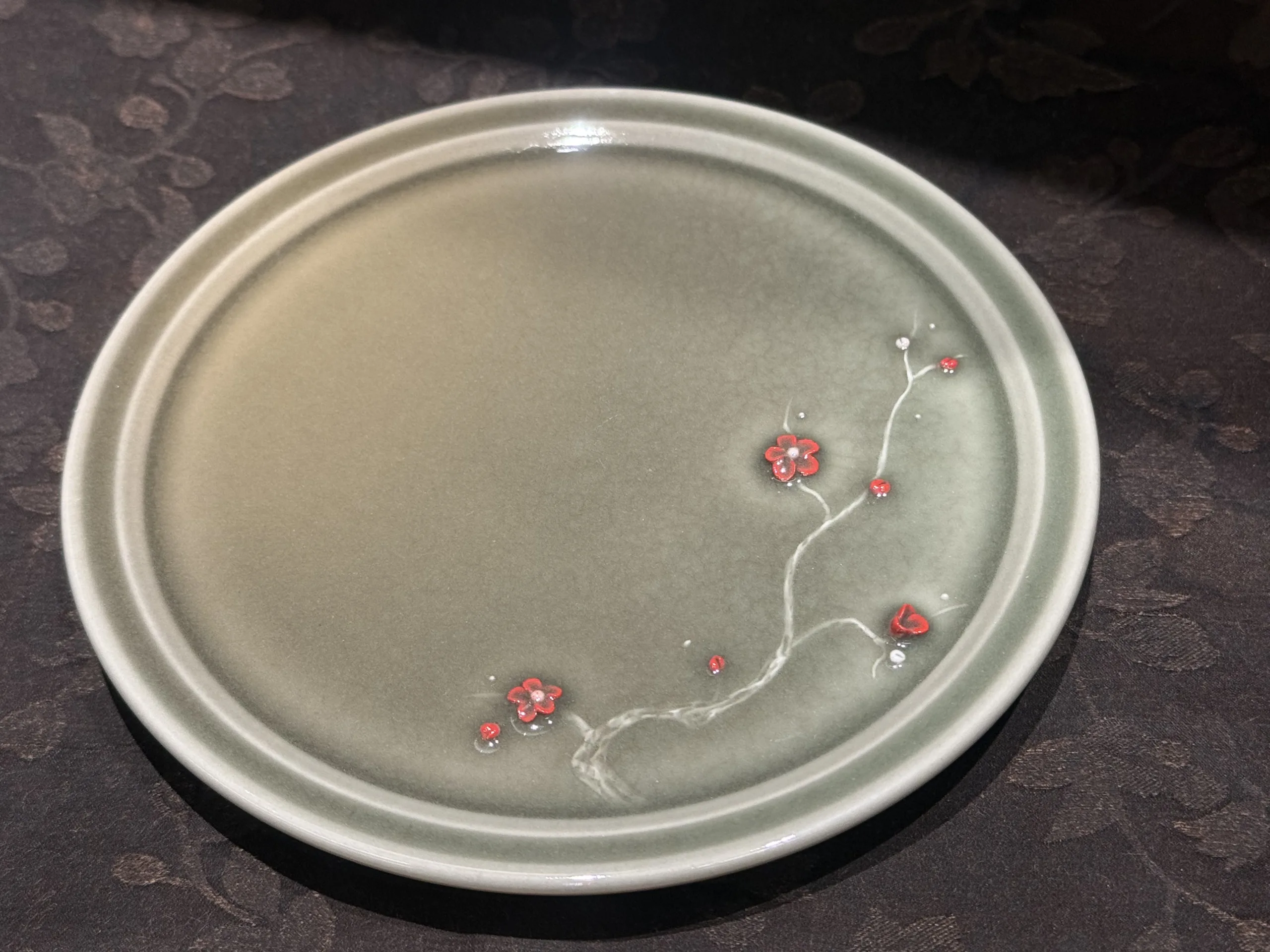 Longquan Celadon · Wood-Fired Ash-Green Sculpted Plum Blossom Tea Tray