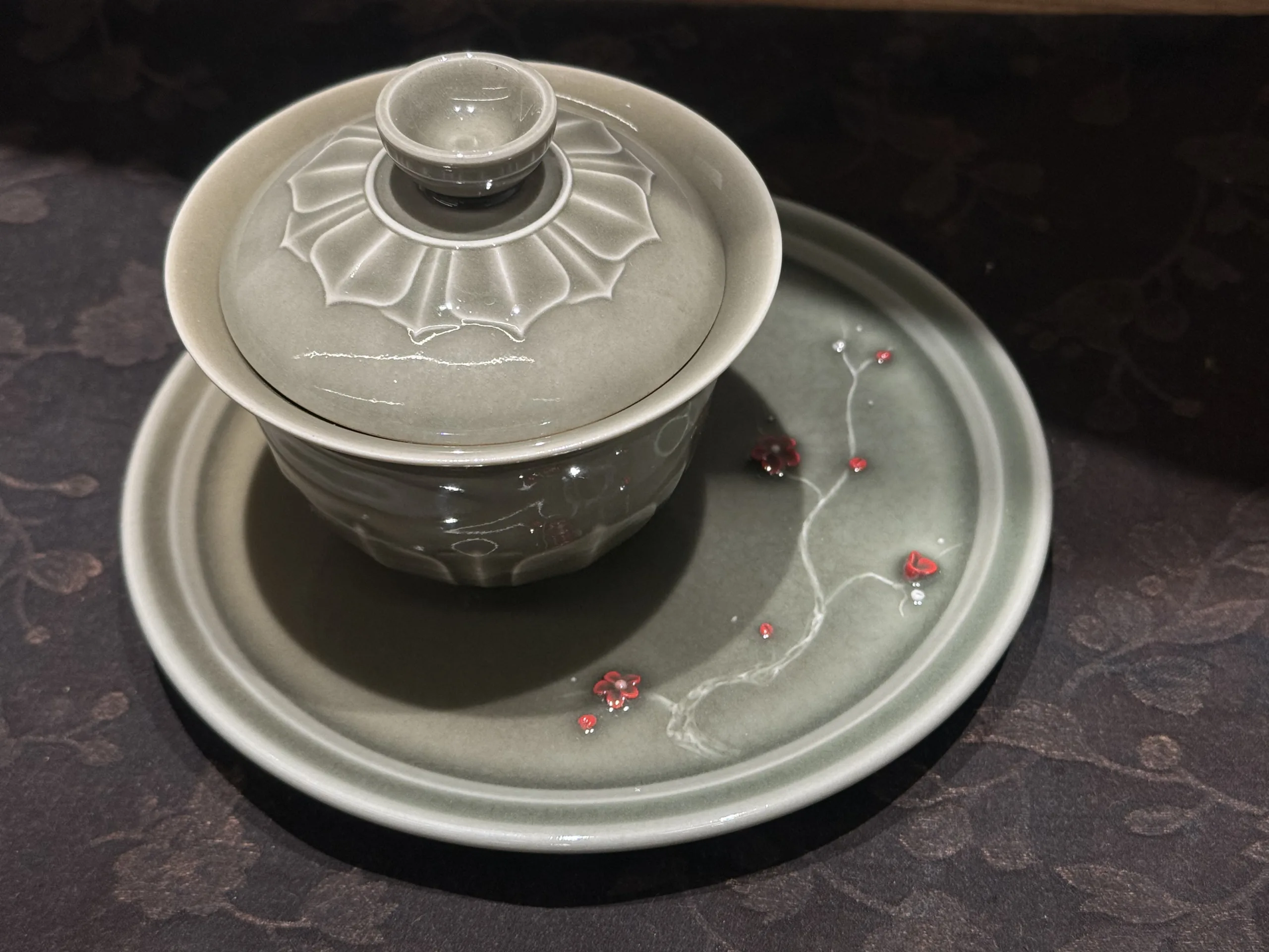 Longquan Celadon · Wood-Fired Ash-Green Sculpted Plum Blossom Tea Tray - Image 6